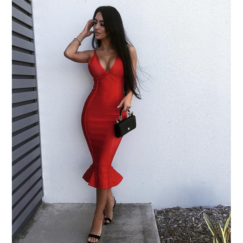 L / Red BA4365 Fashion Sexy Suspender Deep V-neck Fishtail Bodycon Dress