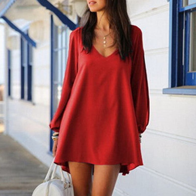 L / Red Clearance Chiffon Summer Split Sleeves Irregular Lady Casual Dress