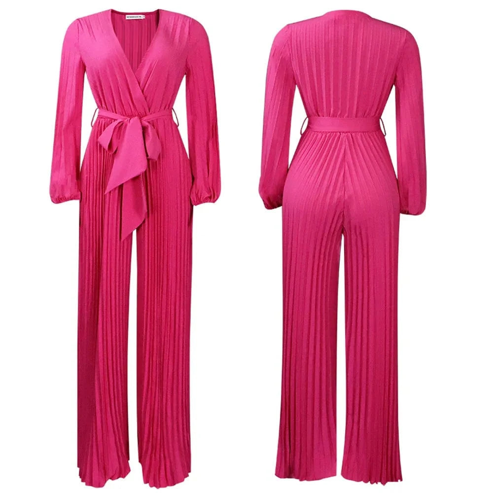 L / Red High Quality Summer New V-neck Sexy Straps Pleated Wide-leg Plus Size Women's Jumpsuit