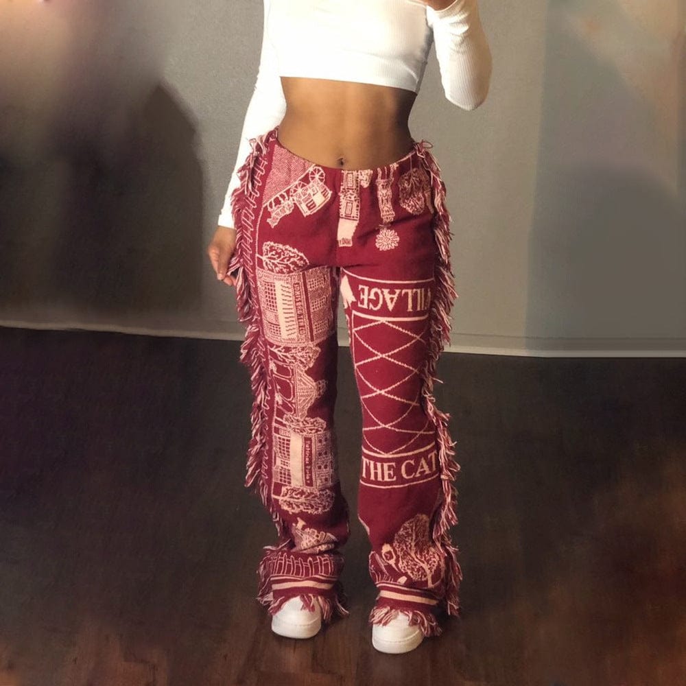 L / Red Hot Sale New Fashion Color Pattern Print Long Trousers White Pants Women Fringe Tassel Casual Pants