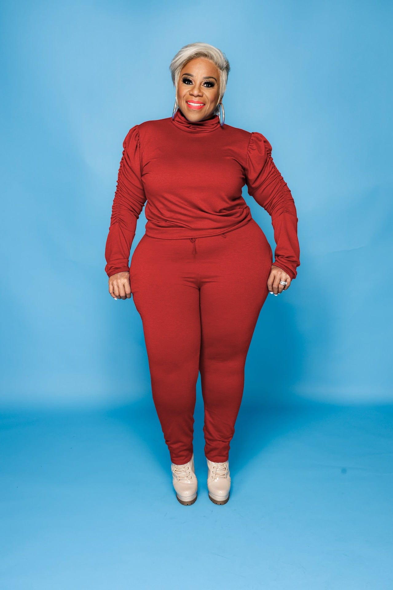 L / Red New Arrival 2022 Fall Custom Logo Knitted Suit Trending Solid Color Long Sleeves Fashion Casual Plus Size 2 Piece Outfits