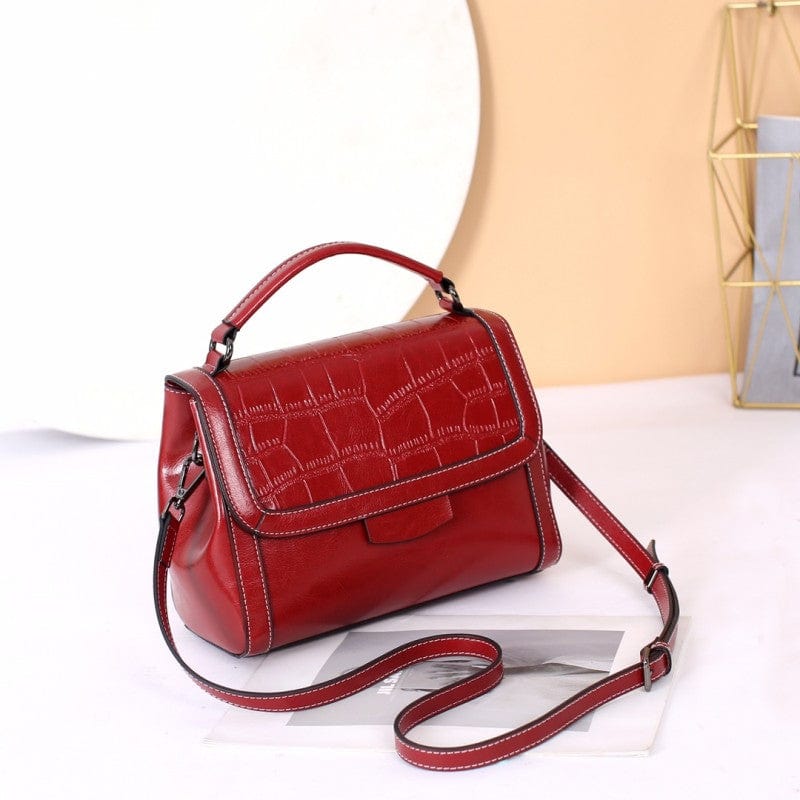 L / Red New design cowhide handbag women low moq messenger bag factory custom embossed leather handbag