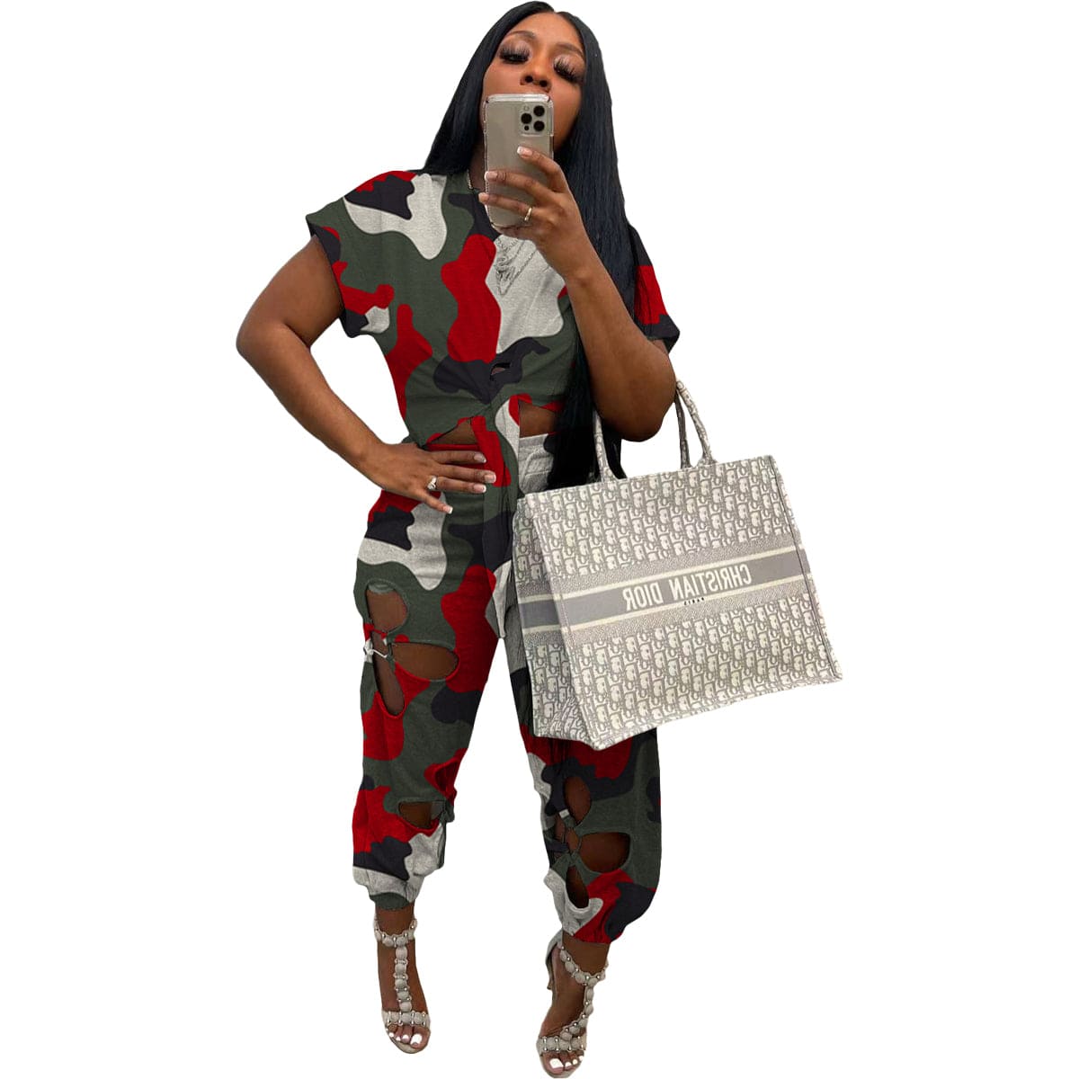 L / Red New Fashion Camouflage Printed Pocket Casual Sport Women Clothing Two Piece Set