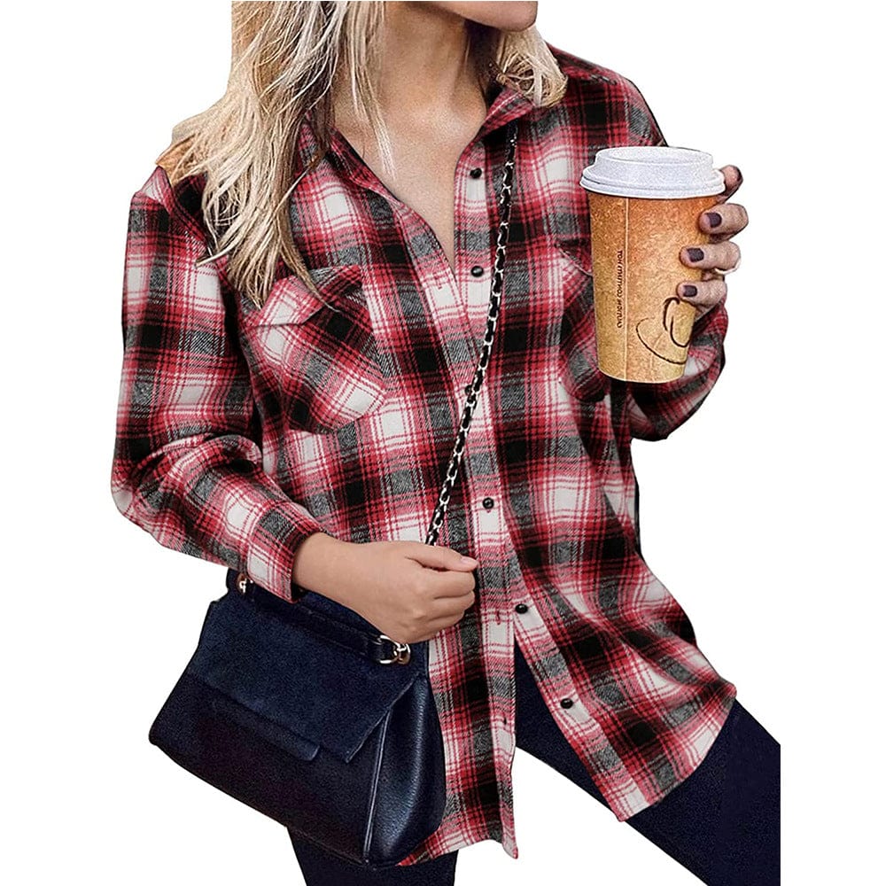 L / Red New Trend 2022 Yarn Dyed Plaid Loose Casual Jacket Patchwork Design Oversize Jacket Polyester Turn Down Collar Coat For Women