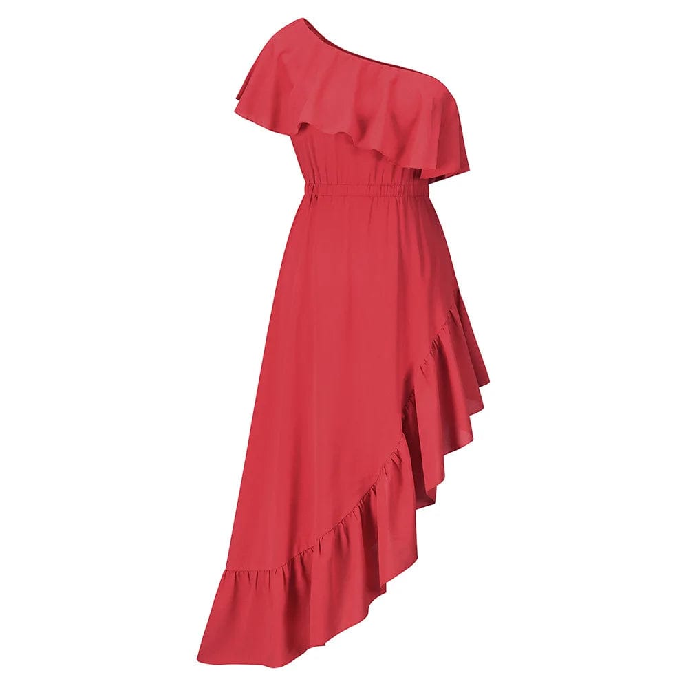 L / Red One Shoulder Sexy Dress Skinny Irregular Ruffles Party Dress Women Wholesale Clothing