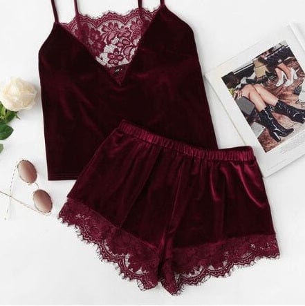 L / Red Sexy Velvet Womens Pajamas Pijamas Mujer Pyjama Femme 2 Piece Set