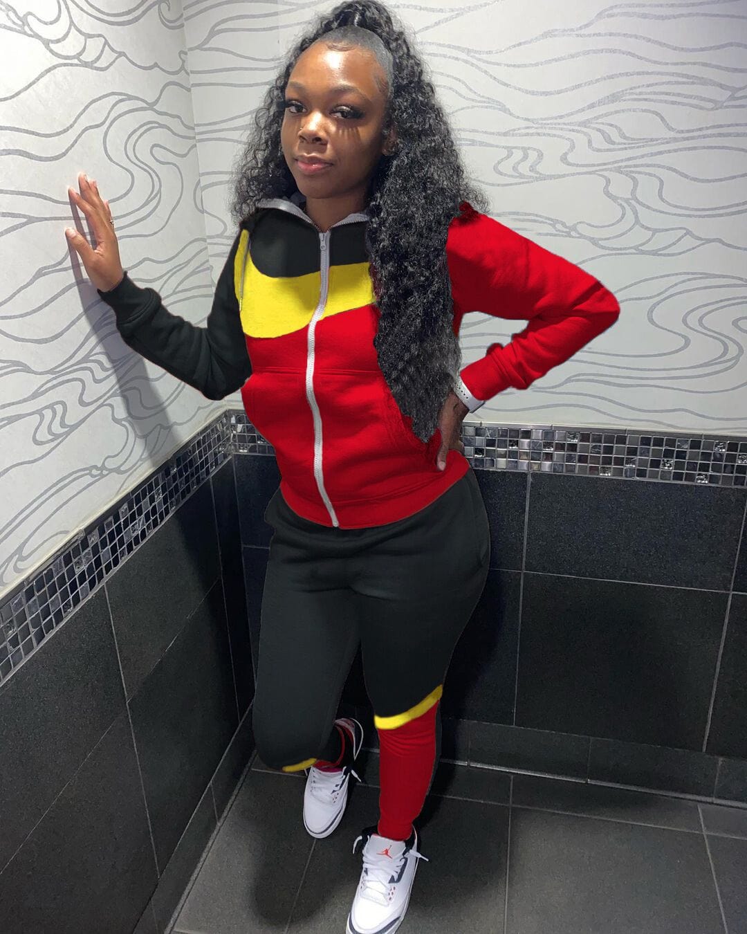 L / Red Women Fall Fashion Apparel Clothing Hooded collar Solid Color Two Piece Outfits Long Sleeve Sweatsuit Pants Set