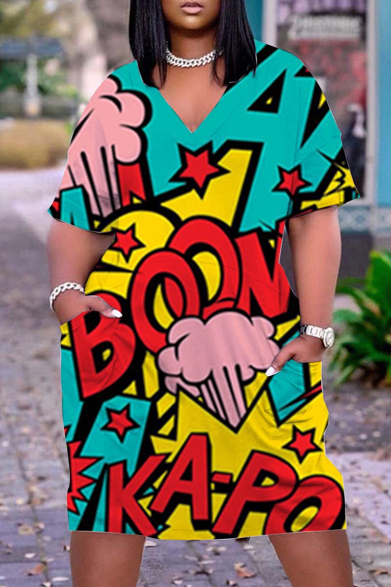 L / Red Yellow Z103092 Plus size summer dress with Pocket short Sleeves Print V Neck Straight loose Dresses
