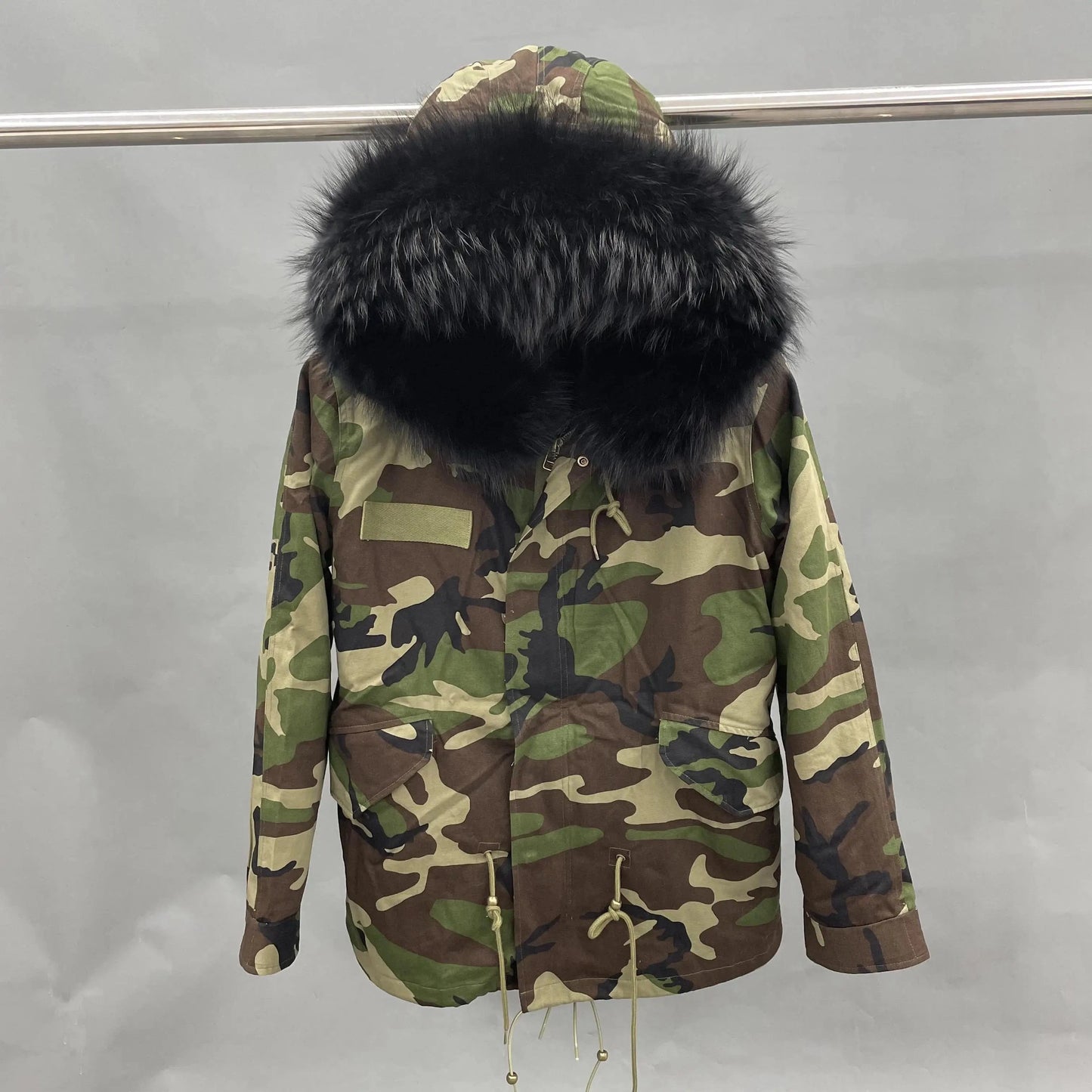 L / Short green camouflage+ black fur Wholesale Lady Hoodies Warm Plus Size Winter Fur Parka
