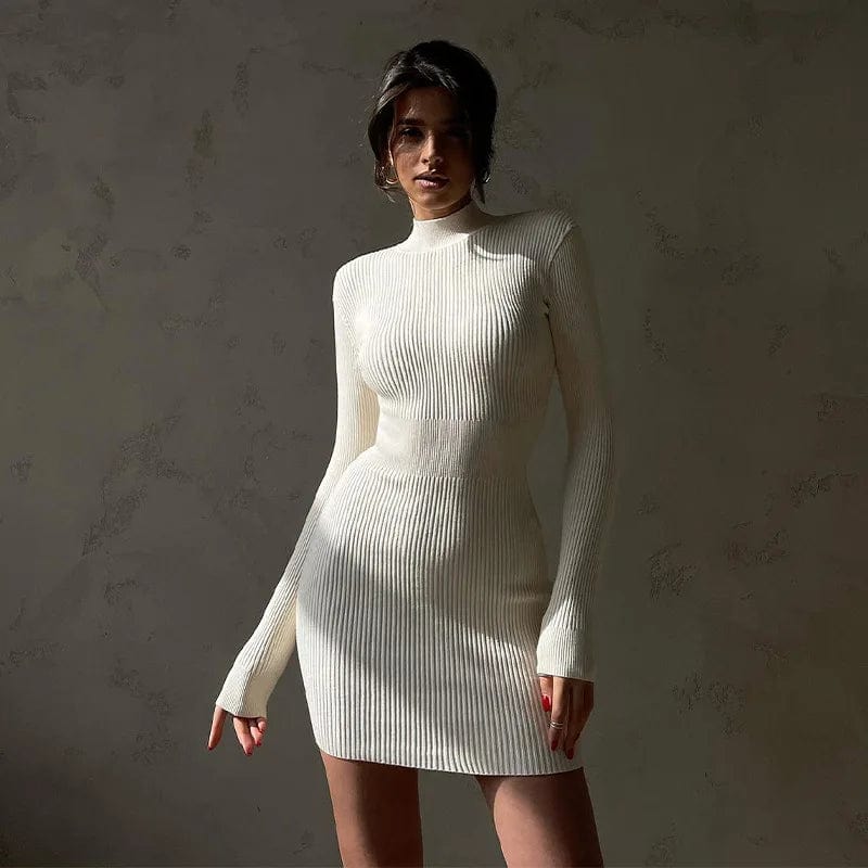L / short white Fall New Arrival Bodycon Knit Sweater Dress Long Sleeve Straight Pencil Women Outfit Clothing 2023