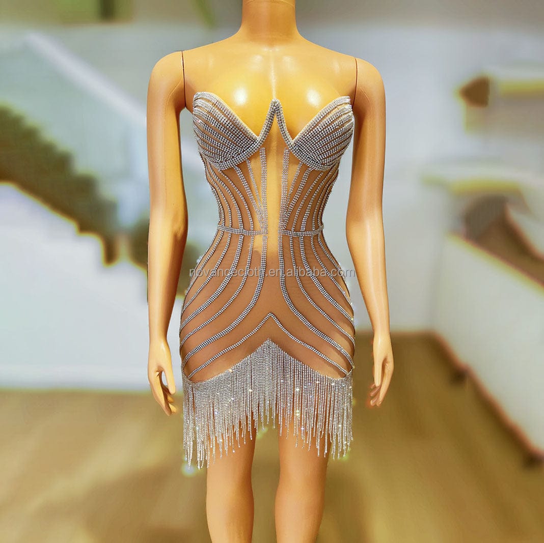 L / Silver Novance Plus Size Cloth Vendor Tassel Woman Dress See Though Luxury Women Clothing Ball Room Dresses Cocktail Dresses For Feast