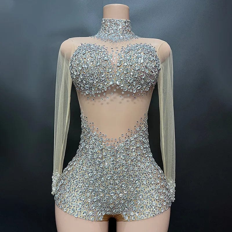 L / silver Novance Y2113 Trend Items 2023 Bodysuit For Women Plus Size Rhinestone Romper Jumpsuit Noir Woman Body Slim Bustier Dos Nus