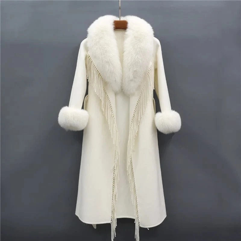 L / White 2022 New Elegant Belted Tassels Fashion Blue Color Women Long Wool Cashmere Coat