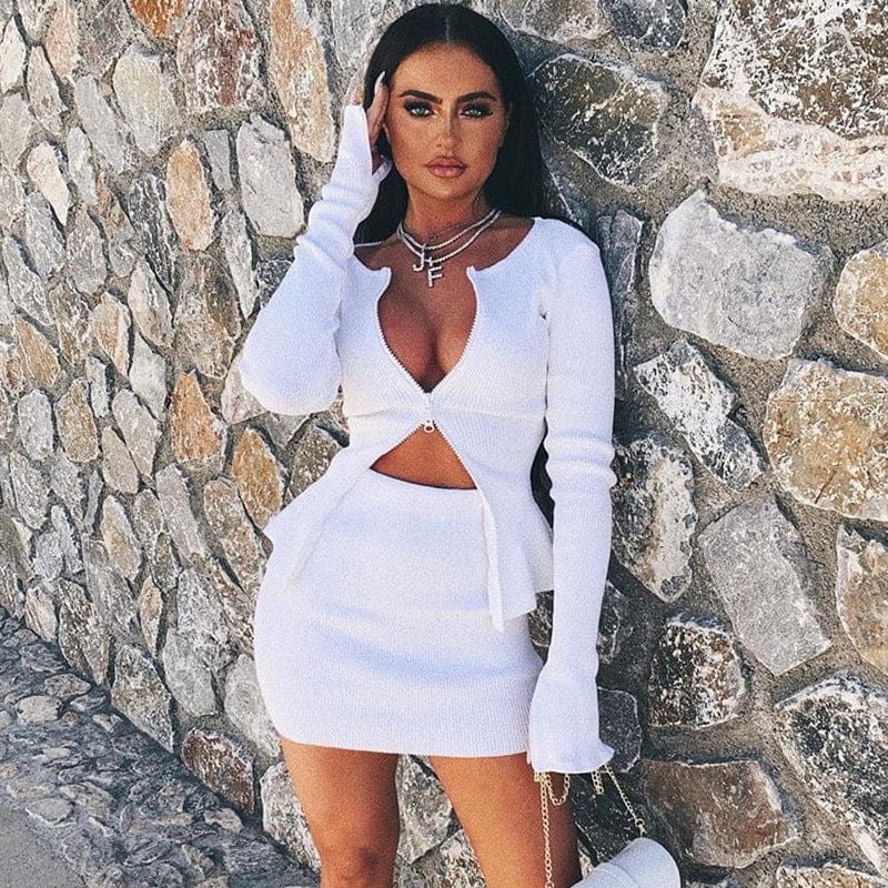 L / White 2022 Wholesale new sexy zipper crop top and short skirt 2 piece sets women summer
