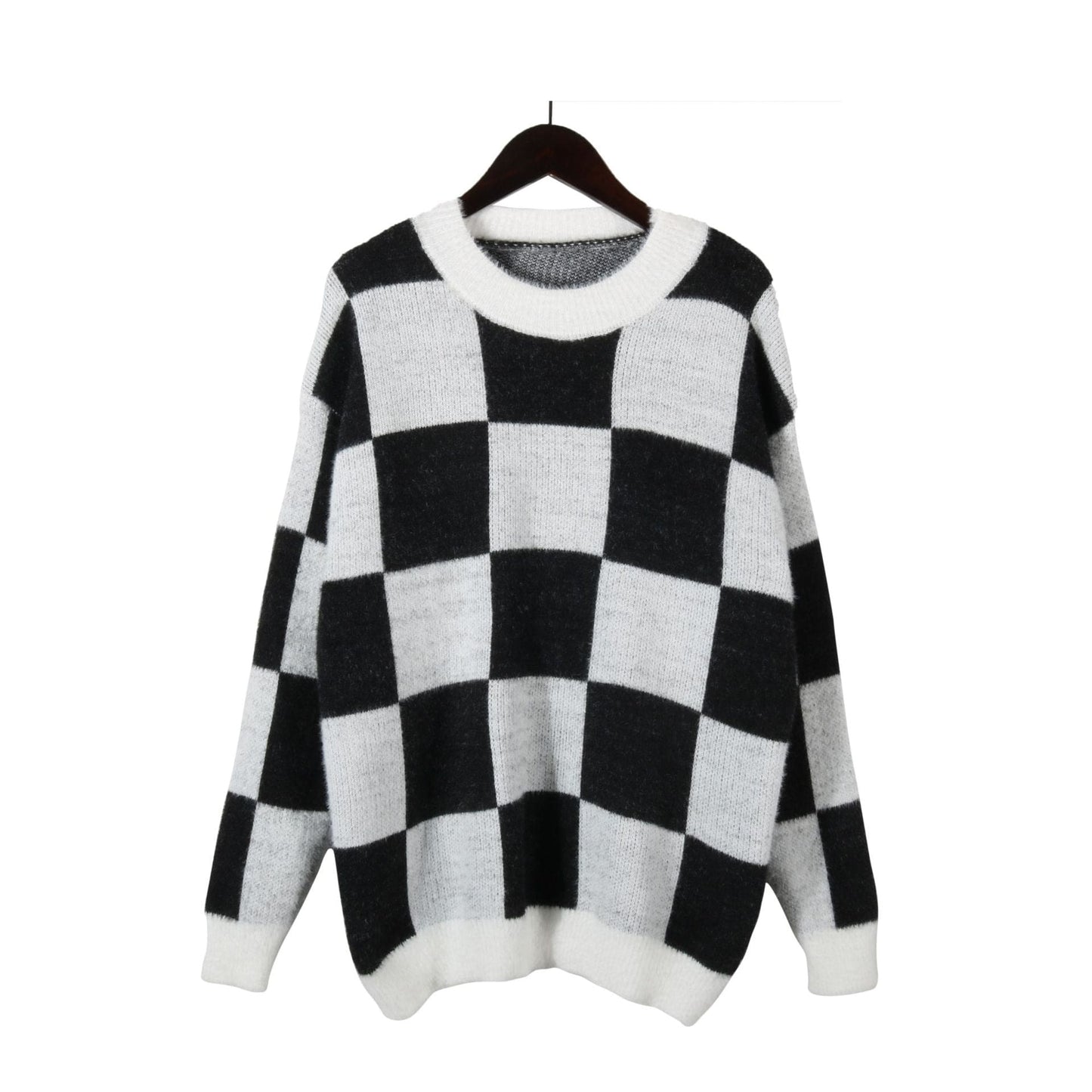 L / White Autumn custom plaid patchwork round neck long sleeve loose knit oversized sweater pullover crew neck sweater for ladies