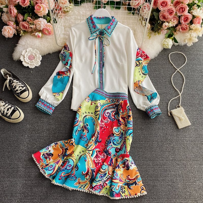 L / White Custom Women Fashion Turn Down Collar Tie Neck Long Sleeve Shirt with Print Mermaid Skirt Set Kleid vestito sukienka jurk kjole
