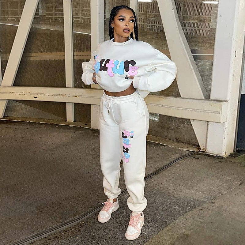 L / White Fall Winter 2022 women Clothing Letter Print Crewneck Sweatshirt Loose Tracksuit Sweatsuit Joggers Two Piece Pants Set