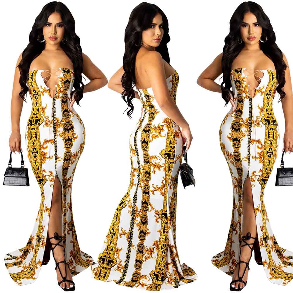 L / White IHOOV Fashion V Neck Print Sleeveless Chain Tie Chest Slit Long elegant casual dresses party dress