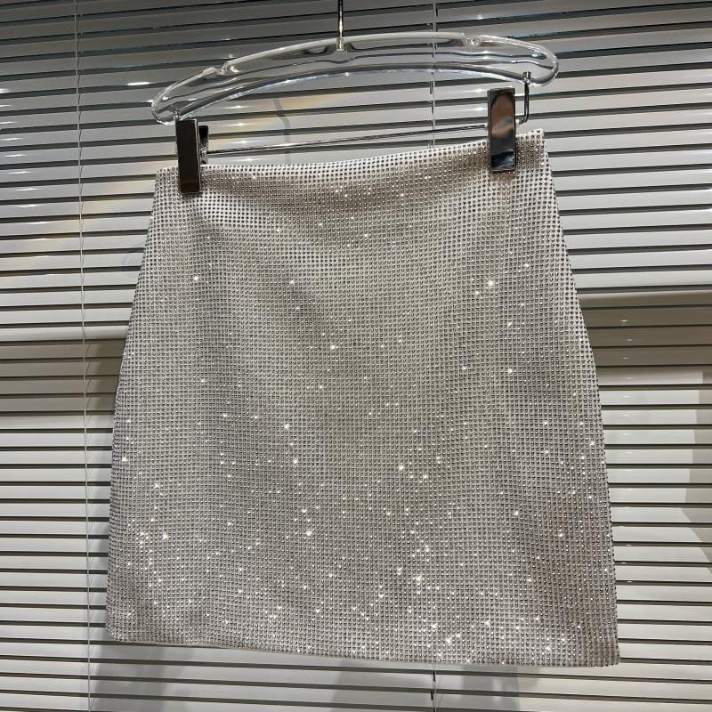 L / White OUDINA 2022 Nightclub Women Rhinestones Sequins Casual Mini Skirts Hot Shiny Ladies Skirt