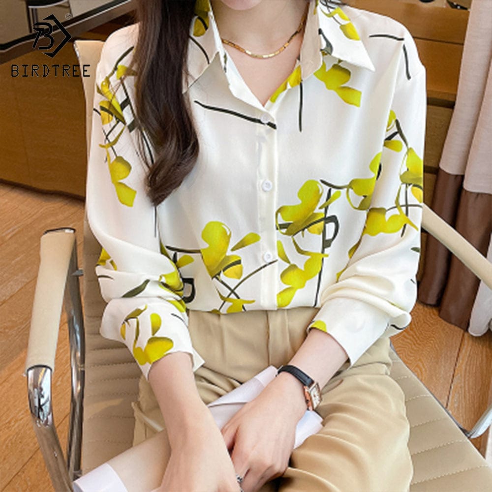 L / White Ready to Ship Printed Long Sleeves Chiffon Shirts Women's Autumn Single Breasted Blouses and Shirt Tops Real Shot T28010X