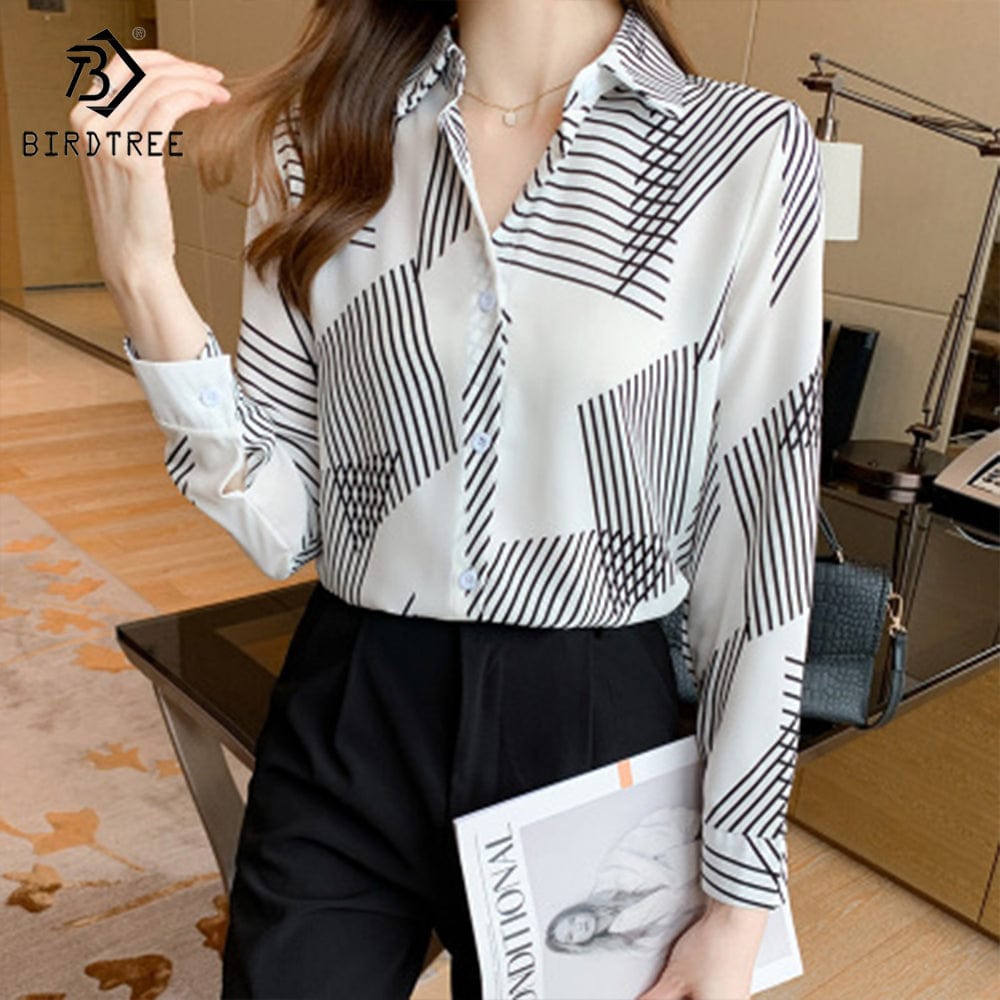 L / White Ready to Ship Women's Long Sleeve Geometry Printing Shirts Elegant Casual Blouses Satin Shirt Tops For Spring Autumn