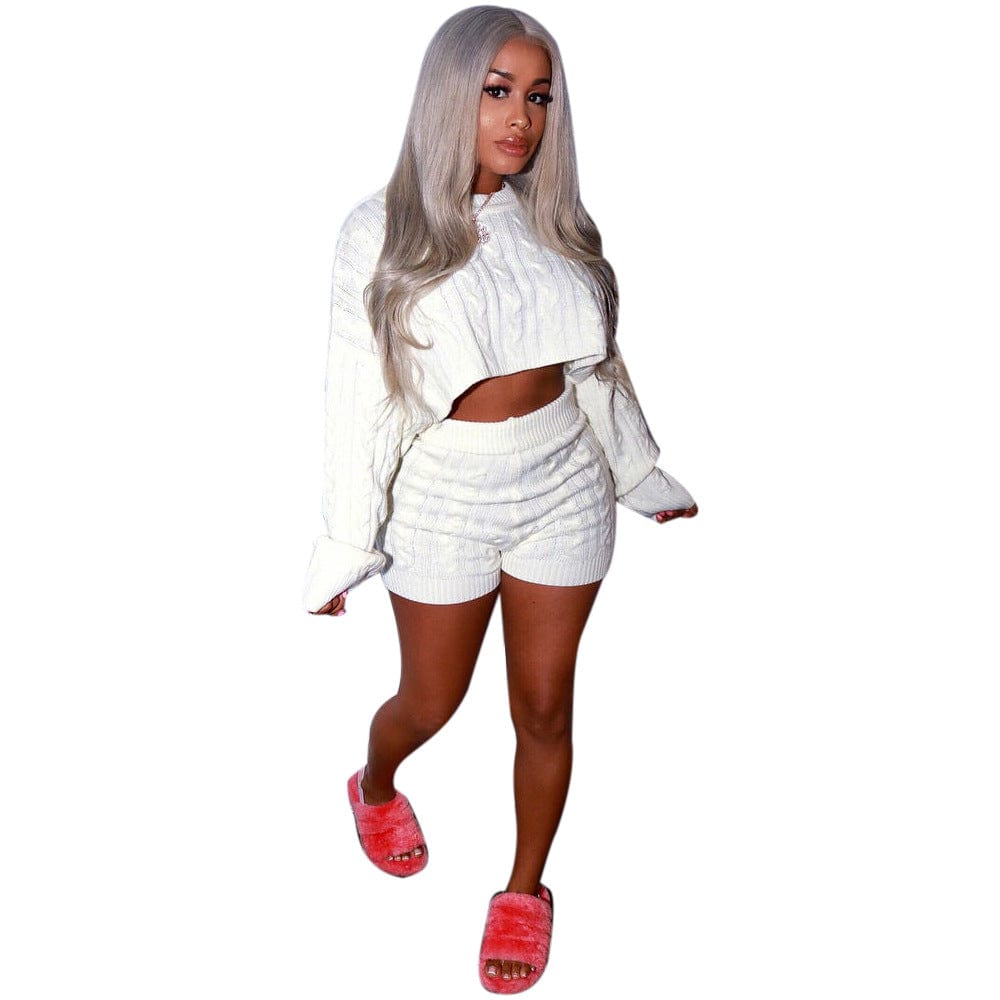 L / White Sexy classic winter sweater solid color wholesale women sweat suits set apparel