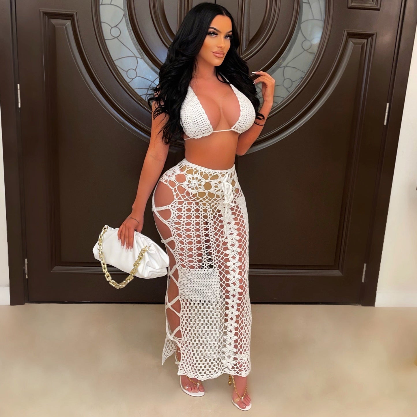 L / White sexy crochet handmade ladies mature cover up 2 piece bikini swimwear beachwear