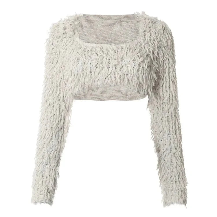 L / White / Spandex / Polyester Faux Fur T-shirt Women Long Sleeve Square Collar Fashion Slim Plush Crop Top Sexy Pullover Tees
