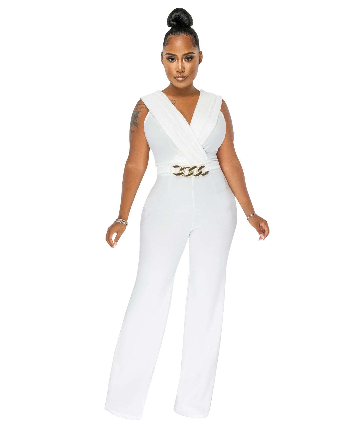 L / White Trendy Women Clothes Womens Jumpsuit Elegant Sleeveless V Neck Pleated Bust Gold Link Jumpsuit Be Your Own Kind Of Beautiful