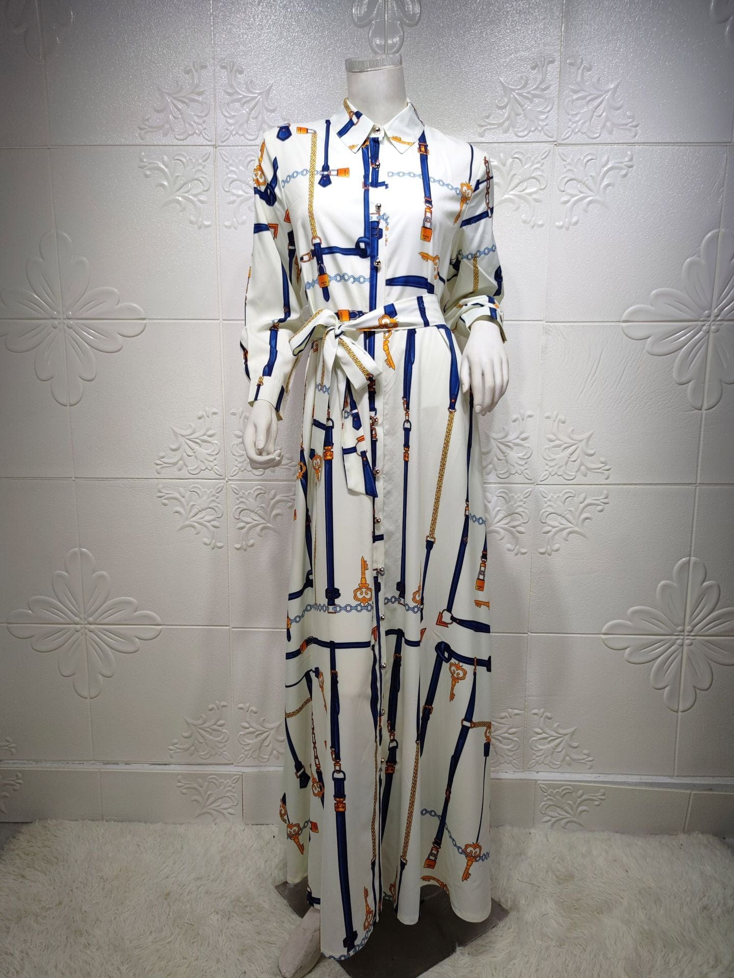 L / White Wholesale Chain Print Long Sleeve Muslim Gown Maxi Dress with Belt Dubai Abaya Islamic Clothing Women Muslim Evening Party Dress