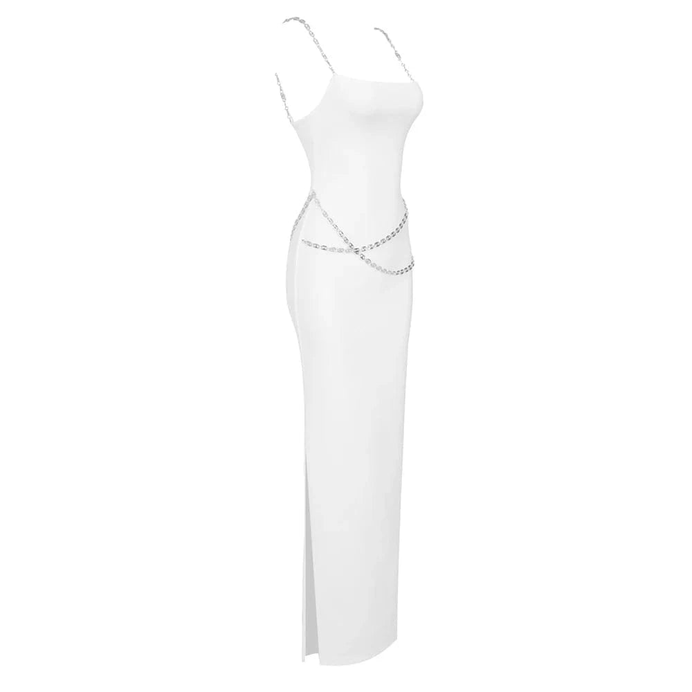 L / White Women's Fashion Bodycon black sleeveless Chain Spaghetti Strap Party Bandage Evening Dresses