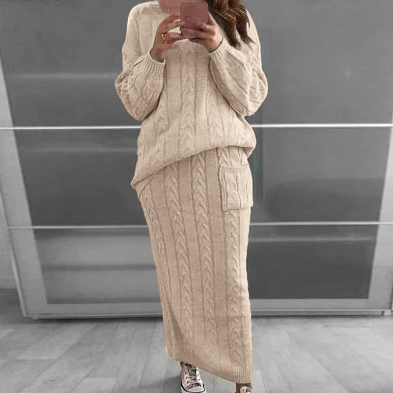 L / yellow apricot S-5XL Plus Size Women Clothing Lady Sweater 2 Pieces Set Casual Oversized Cable Knit Two Piece Sweater Skirt Dress Set Women