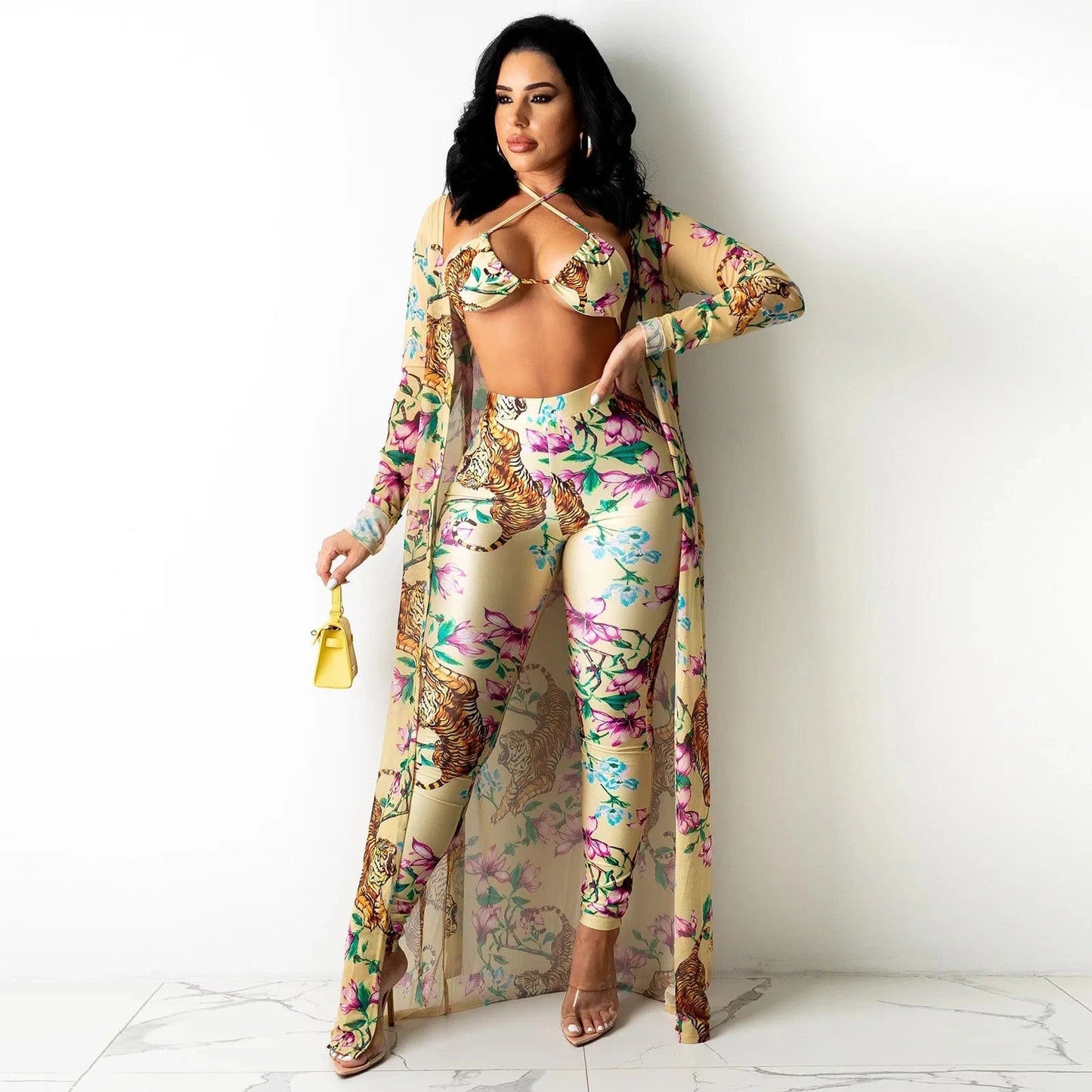 L / Yellow Bra Tops Cover Up Belted Three Piece Ladies Nighty Pajamas Sexy Lingeries Vendor Nightclub Pants Set Club Outfits For Women Sexy