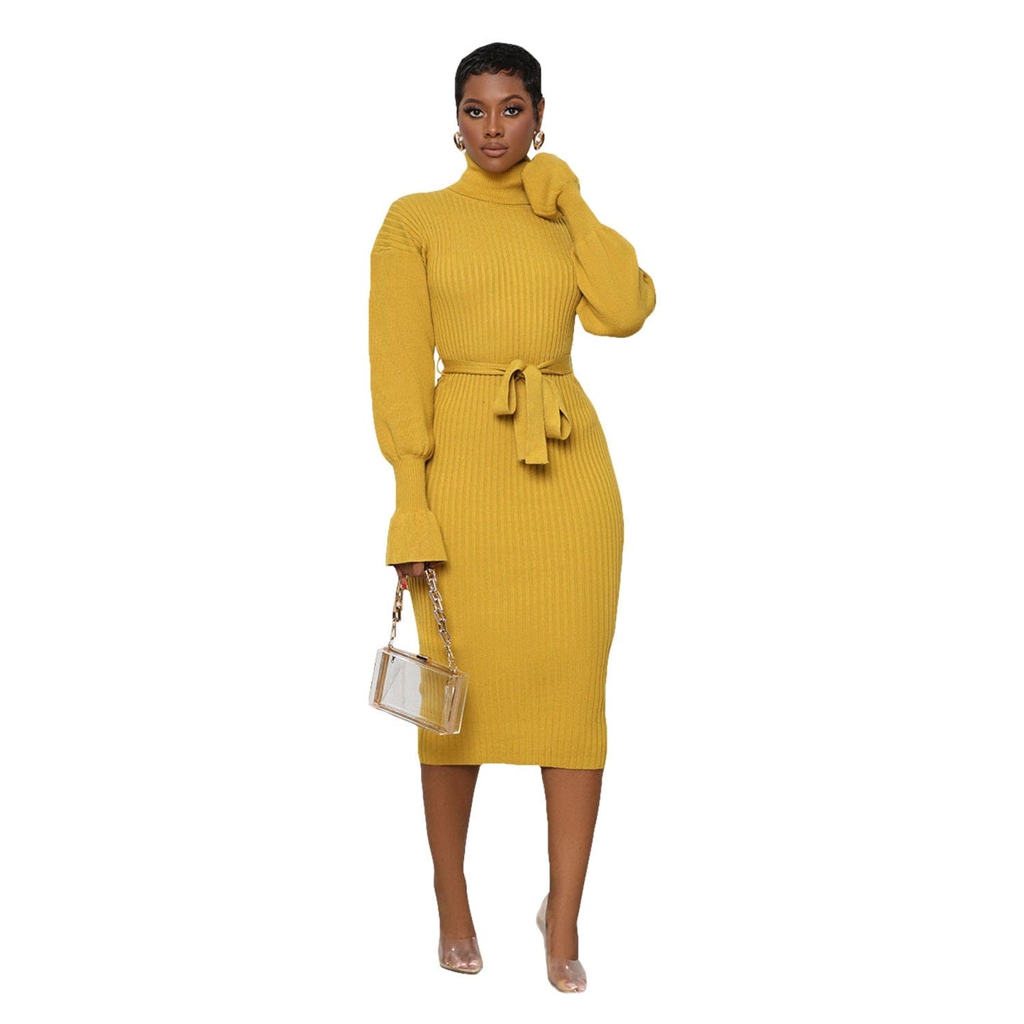 L / Yellow C1103TA87 Wholesale Casual Solid Color Stand Collar Knitted Bodycon Dress Women Sehe Fashion