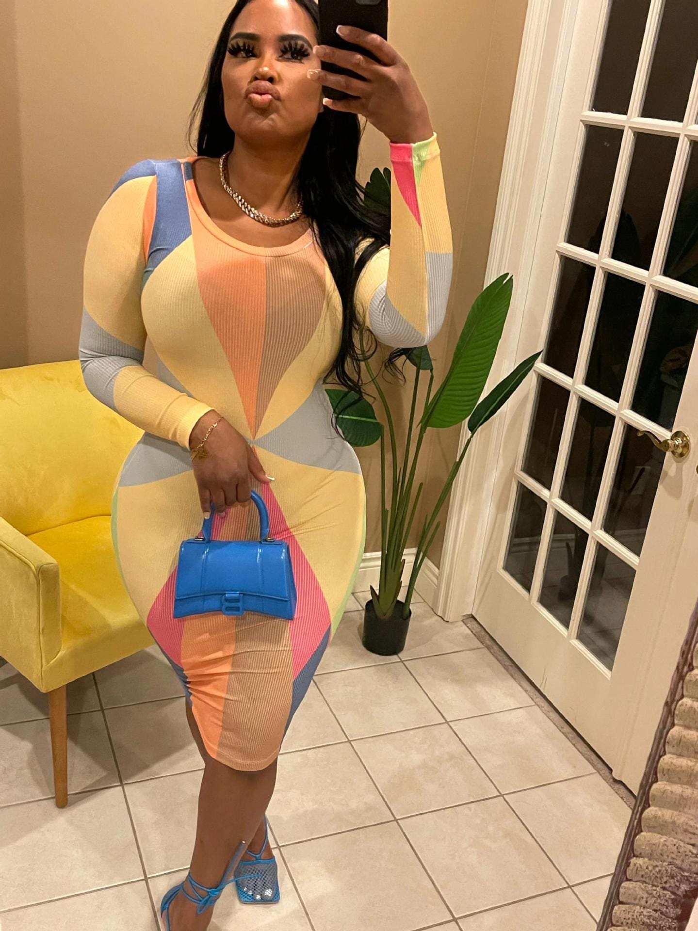 L / Yellow chic plus size color block bodycon dress ladies casual fitted long sleeve ribbed midi dress