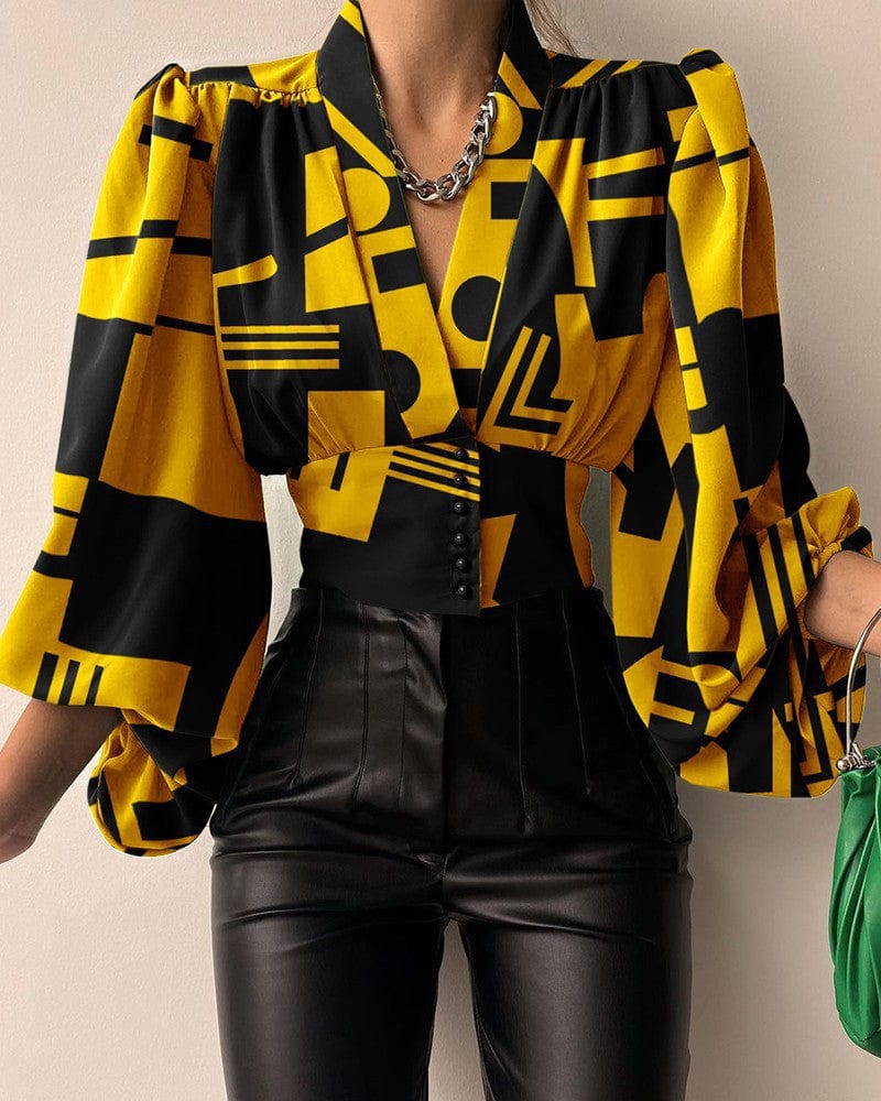 L / Yellow J&H 2023 hot sale S-5XL sexy v neck corset top women elegance puff sleeve fashion blouse shirts casual fall clothes whoelseale
