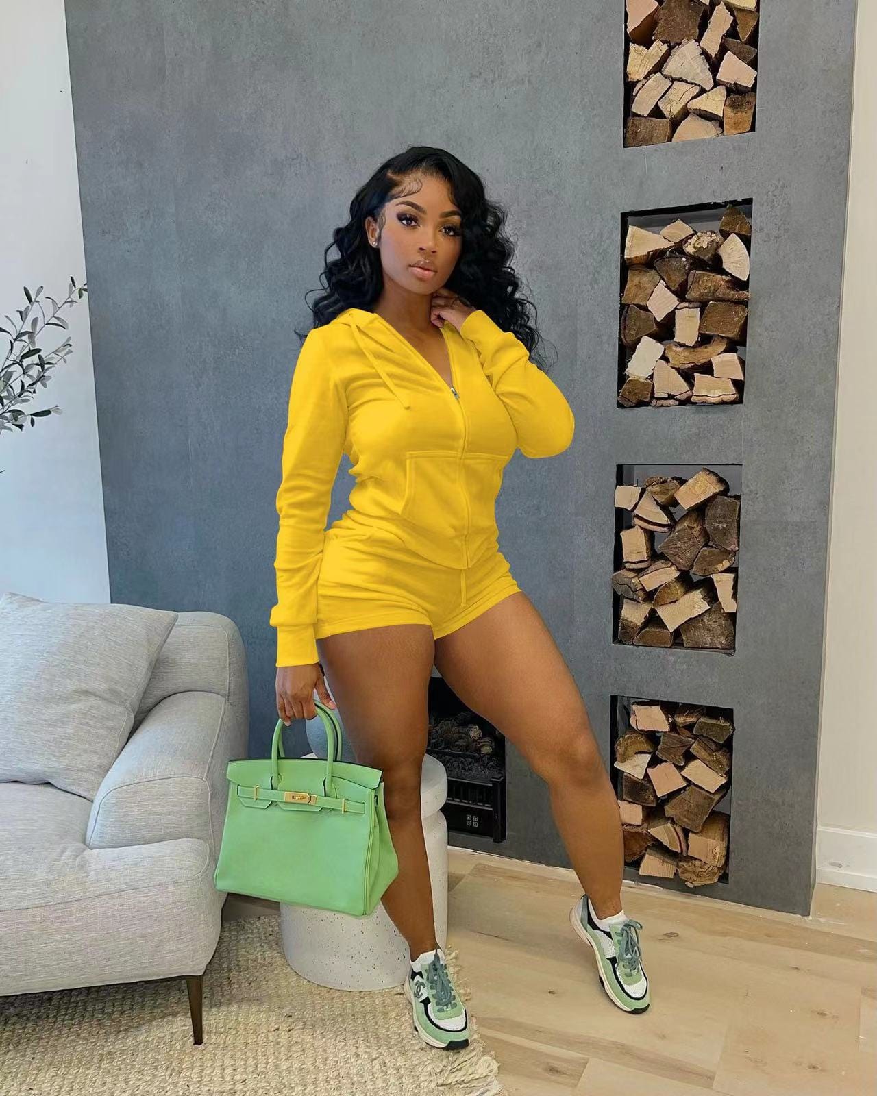 L / Yellow J&H 2023 new arrivals zip up hoodie top and biker shorts women two piece set slim fit activewear