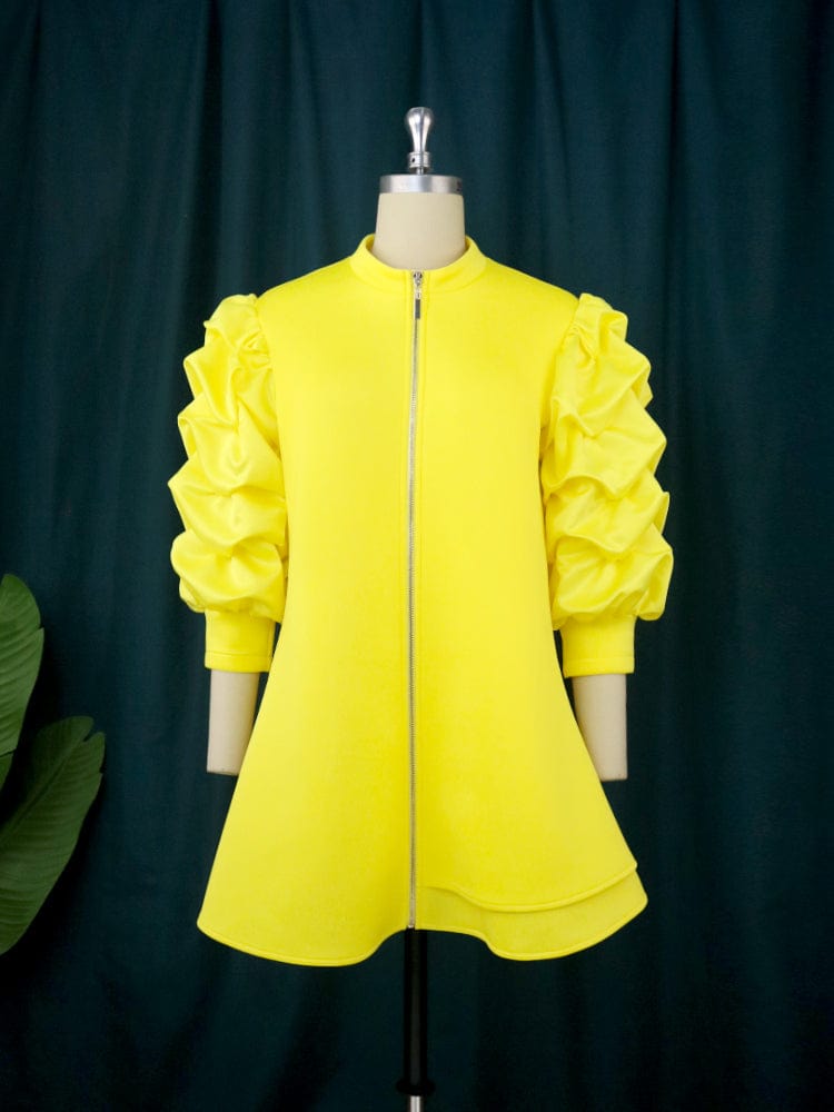 L / Yellow Mini Fall High Neck Puff Sleeve Zipper Retro Vintage Women Casual Dress