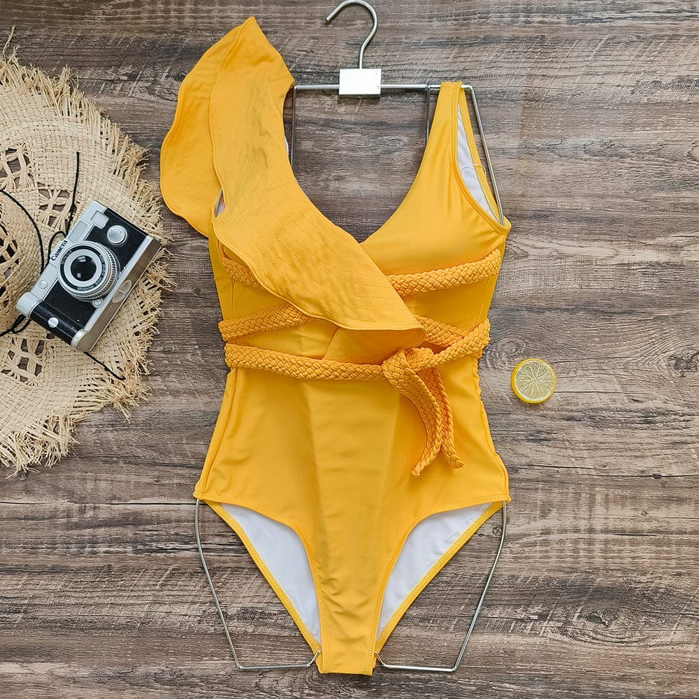 L / Yellow New High Quality Designer One Shoulder Ruffled Braided Belt High Waist Bathing Suit Monokini One Piece Swimsuit for Women