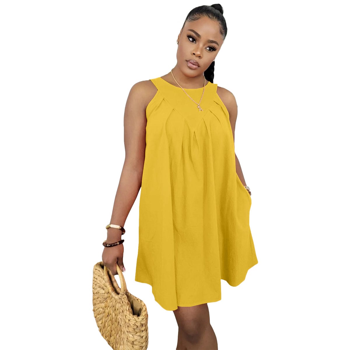 L / Yellow Popular Clothing 2022 New Sleeveless Solid Color Sleeveless Cotton Pocket Loose Dress