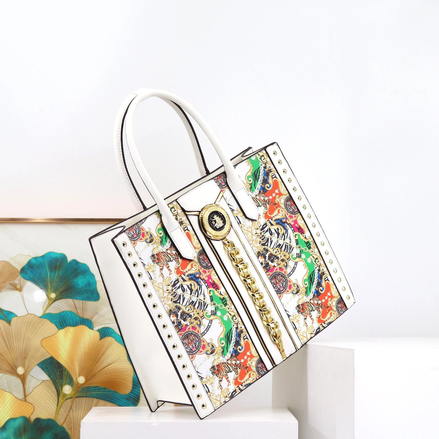 L36*H29*W12.5 HANDLE 17CM / 22907-ld Tiger White Ladysky large size document handbag for women quality PU leather printing ladies bag fashion designer tote bags for girls 36 cm