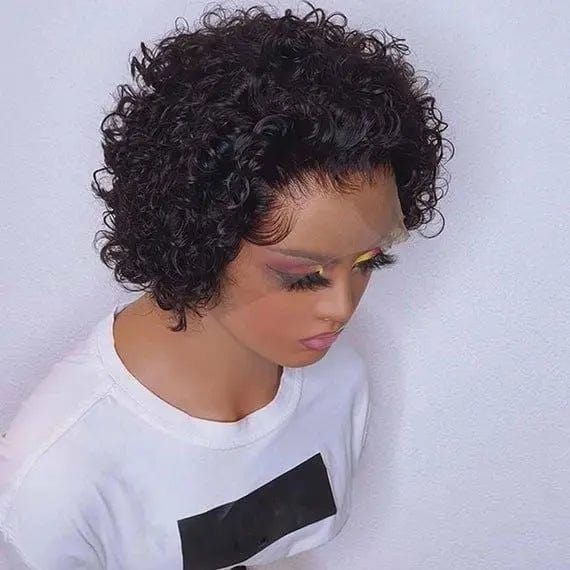 Lace Front Wigs Tiny Curly Black Color Short Pixie Bob
