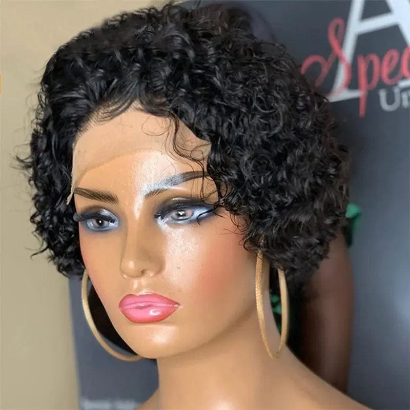 Lace Front Wigs Tiny Curly Black Color Short Pixie Bob