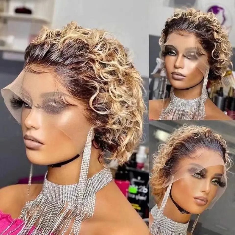 Lace Front Wigs Tiny Curly Black Color Short Pixie Bob