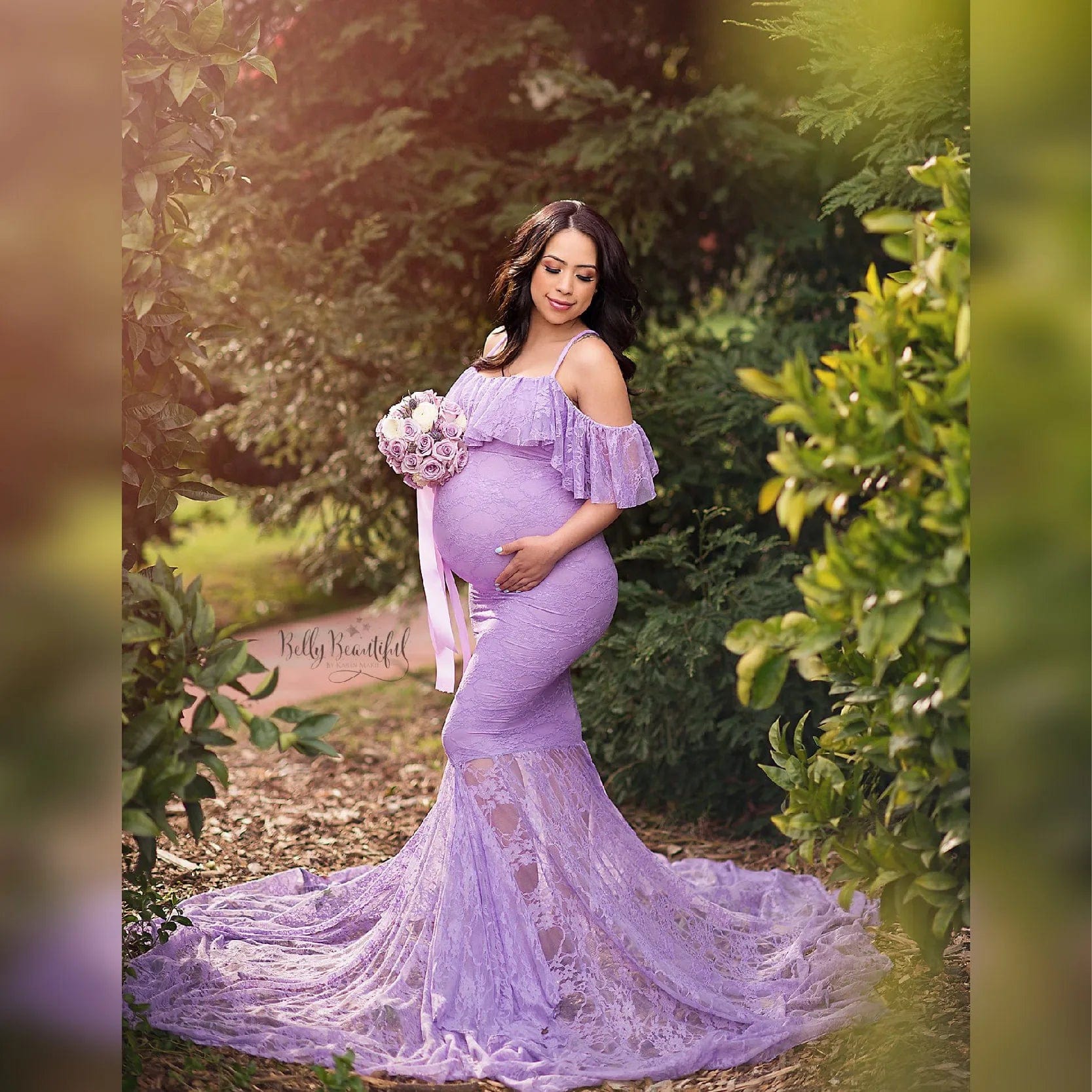 Lace Maternity Ruffle Long Maternity Dresses Photography Pregnant Floor Dress Wedding  Off-shoulder Plus Size White Purple Ball