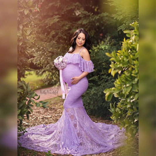 Lace Maternity Ruffle Long Maternity Dresses Photography Pregnant Floor Dress Wedding  Off-shoulder Plus Size White Purple Ball