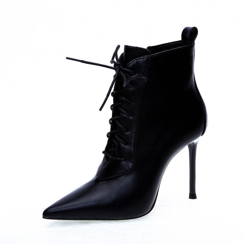 Lace-up high-heeled short boots women's autumn and winter plus velvet soft leather stiletto black pointed stiletto boots