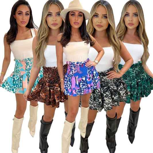 Ladies Boutique Clothing Summer Short Sexy Midi Skirts Women Half Pleated A Line High Waist Office Skirt Cut Print Pleated