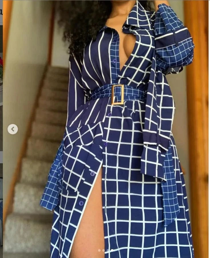 Ladies Long Plaid Shirt Long Sleeve Dress Ladies Fashion T-Shirt Plaid Suit Fall Women's Dresses Plus Size Can Be Weared