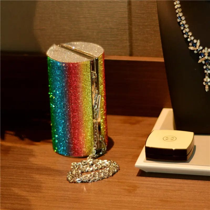 Ladies Rhinestones Clutch Purse Shiny Cans Shaped Rainbow Diamonds Crystal Colorful Evening Shoulder Bags